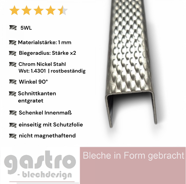 Edelstahl U-Profil , 5wl gemustert, 1,0 mm stark, Einfass Profil